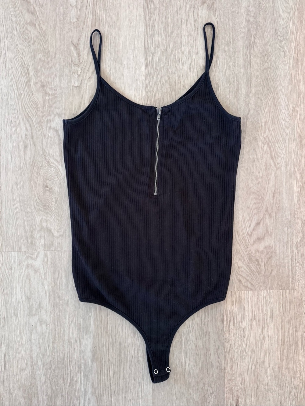 Noisy May Black Ribbed Spaghetti-Strap Bodysuit with Front Zipper